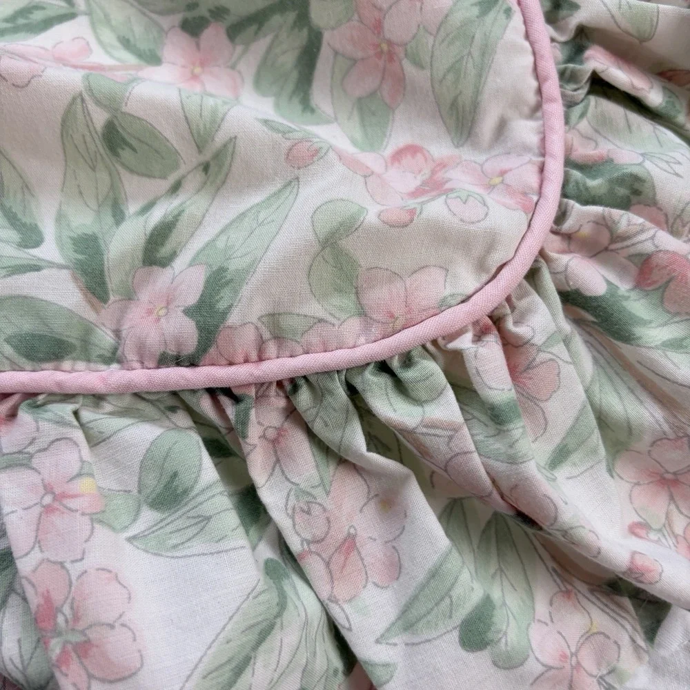 Vintage Floral Bedskirt Queen + 2 Ruffled Shams Pink Green Cottagecore USA